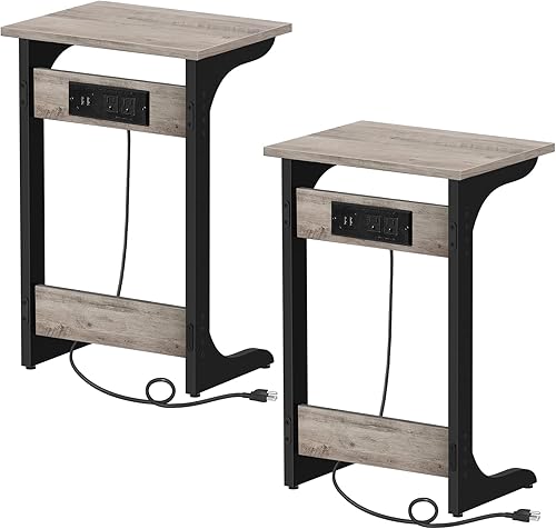 Miniatura 8 de TUTOTAK Juego de 2 mesas auxiliares en forma de C con estación de carga, mesa de bandeja de TV con 2 puertos USB y tomacorrientes, mesa de sofá,