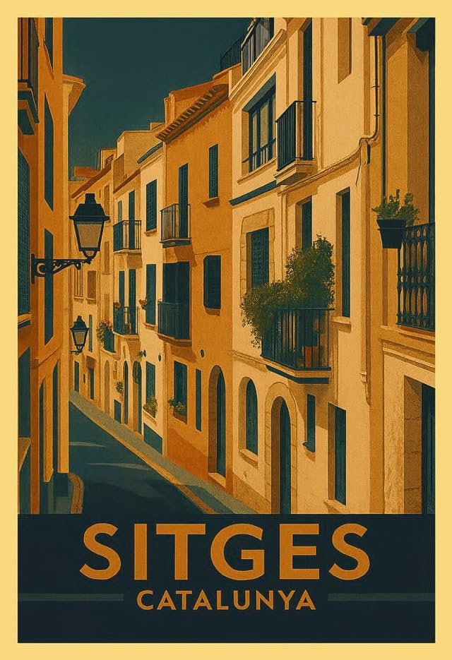 Póster de Sitges vintage. Vista de la calle al mar del casco antiguo. Arte de viaje