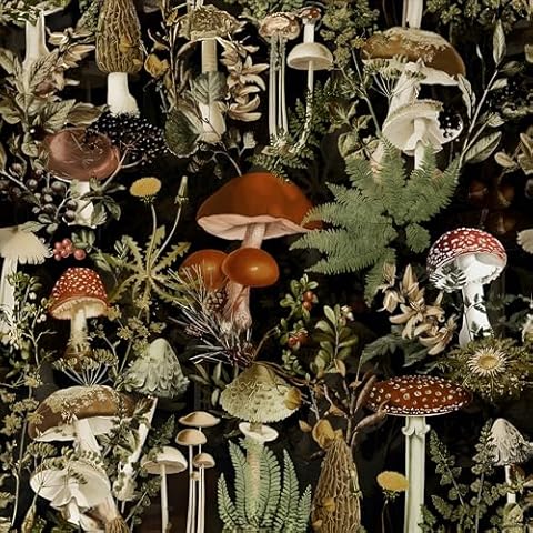 Jeweluck Floral Peel and Stick Wallpaper Mushroom Contact Paper 17.7 in x 48.4 ft Flower Removable Wallpaper Peel and Stick Forest Wallpaper Stick on Wallpaper for Bathroom Black Decorative Vinyl Cover