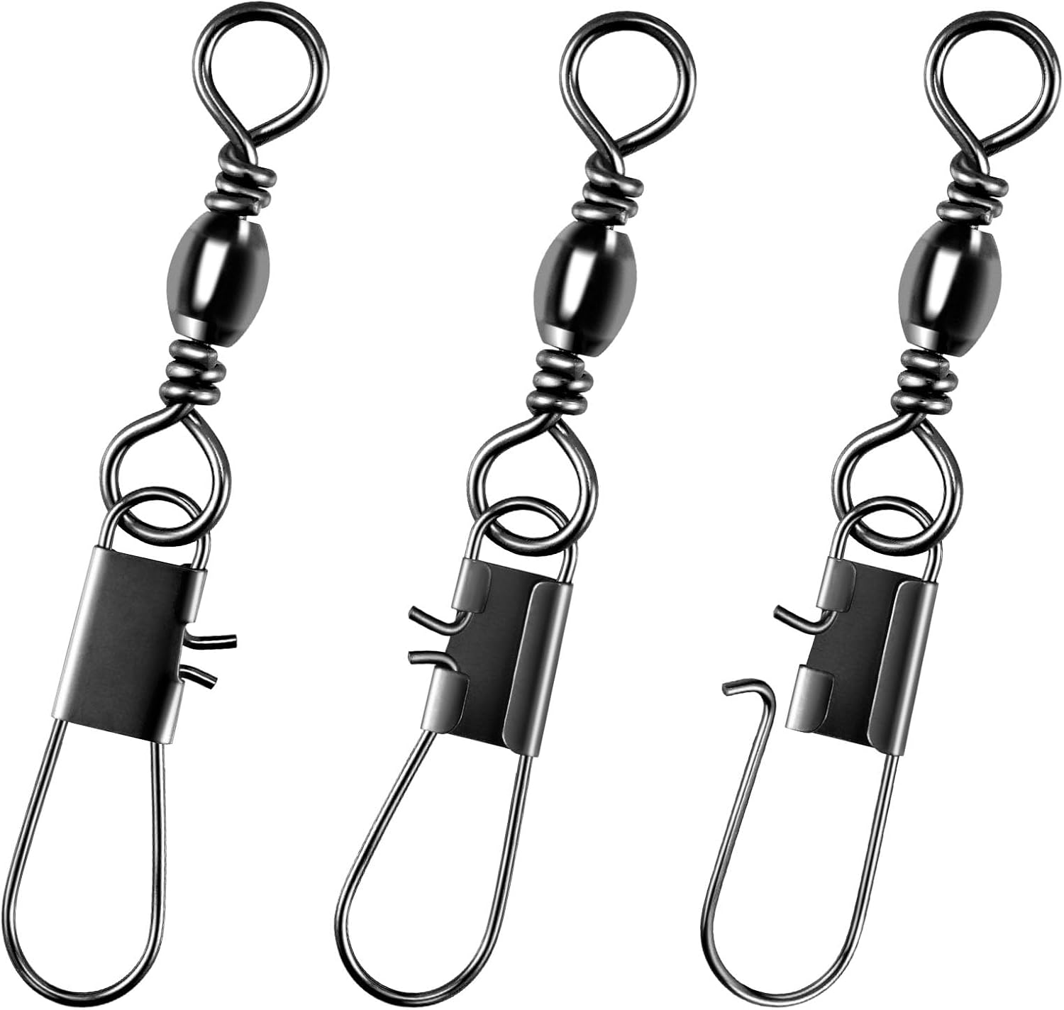Alwonder 100-Pack Fishing Snap Swivels, Barrel Swivels Fishing Tackle with Snaps Freshwater, Stainless Steel Safty Interlock Snap Swivel Black Nickel Coated Lure Hook Connector Quick Change Clips