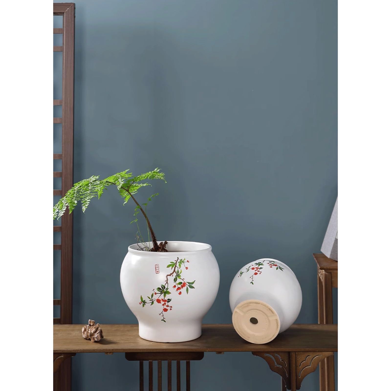 Dekoracyjna tradycyjna chińska biała doniczka ceramiczna z otworem drenażowym, klasyczna porcelanowa doniczka na rośliny, okrągła doniczka do wnętrz, odpowiednia dla kaktusów, storczyków, patio (23,5