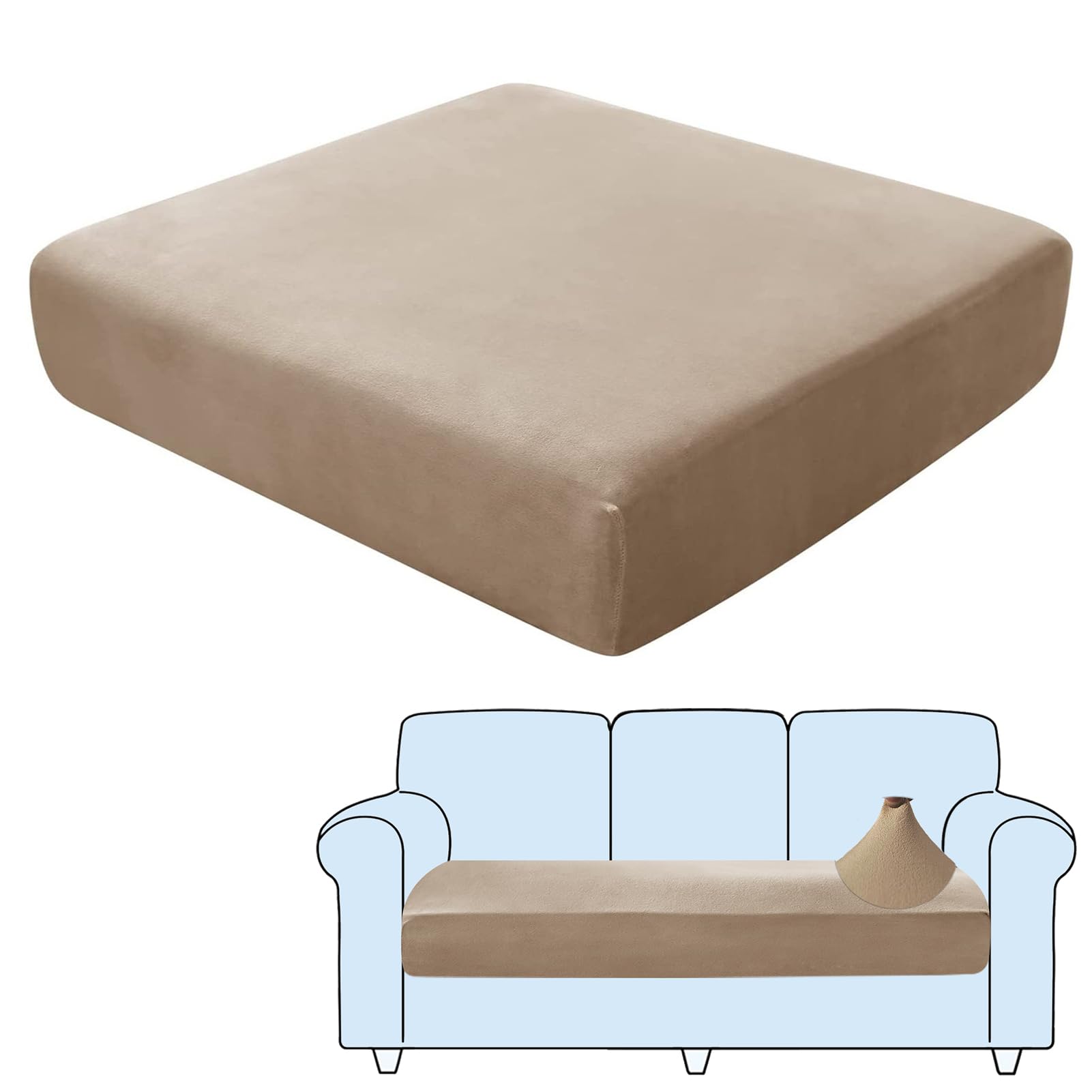 SHUOJIA Sofa Seat Cushion Covers, Stretch Velvet Sofa Cover, Non-Slip Couch Cushion Covers Replacement for Individual Cushion,with Elastic Fabric,Machine Washable (Camel,3-Seater)