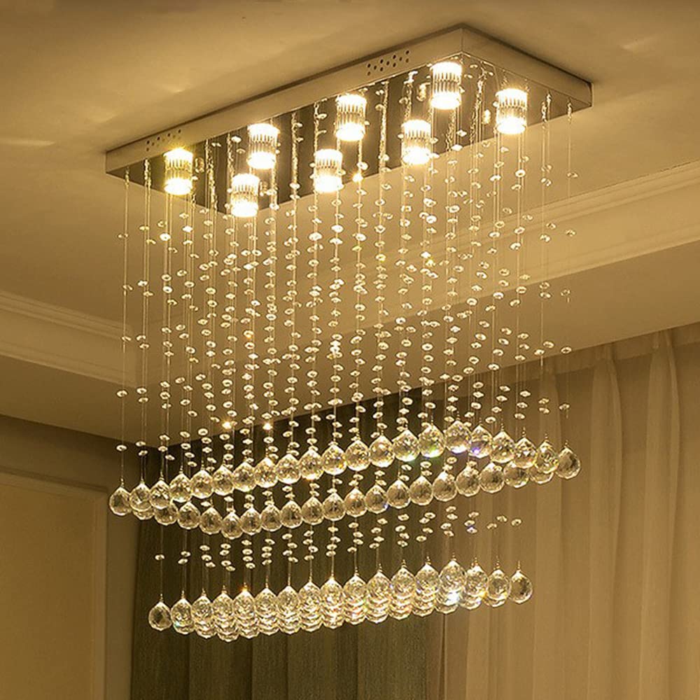 8-Light Rectangle Modern Chandelier Chrome Finish Ceiling Lights of Raindrop Crystal Flush Mount Ceiling Lighting Fixtures