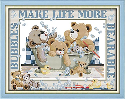 Image of Howie's Needlepoint Cross Stitch Kits, 14CT Pre-Printed Pattern Needlepoint Kits, Full Range of Stamped Starter Kits(Bubble Bath Bears,20.08 x 16.4 inch)