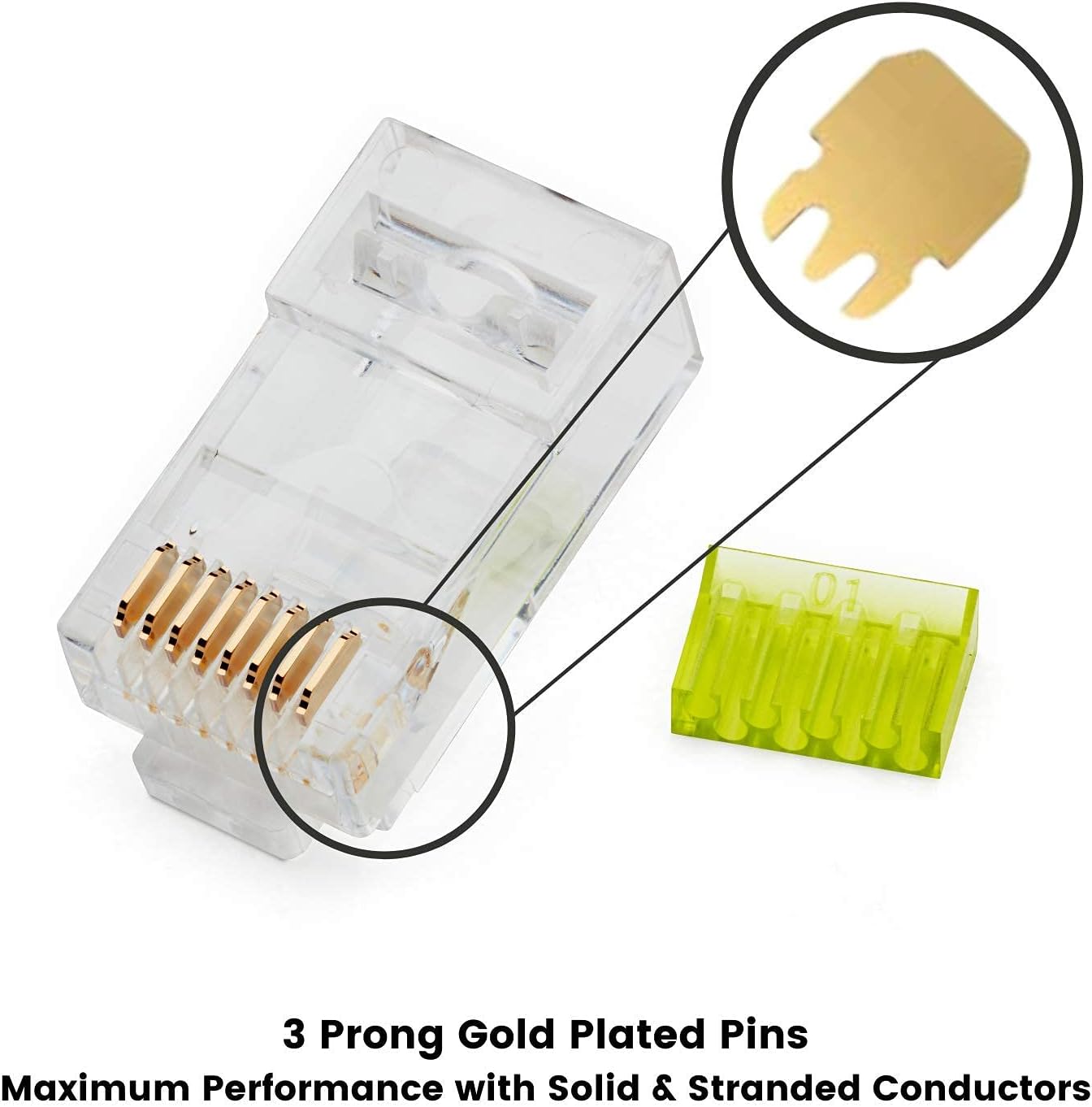 trueCABLE Cat6/6A RJ45 Connectors, Staggered, Unshielded (UTP) Modular Plug, UL Listed, Load Bar, Gold Plated 3 Prong 8P8C, 100 Pieces