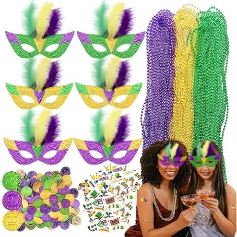 LMJFOR 168pcs Mardi Gras Party Favors Set Mardi Gras Mask Beads Necklace Mardi Gras Party Costumes Accessories Women (168pcs Mardi Gras Party Favors Set) Cover