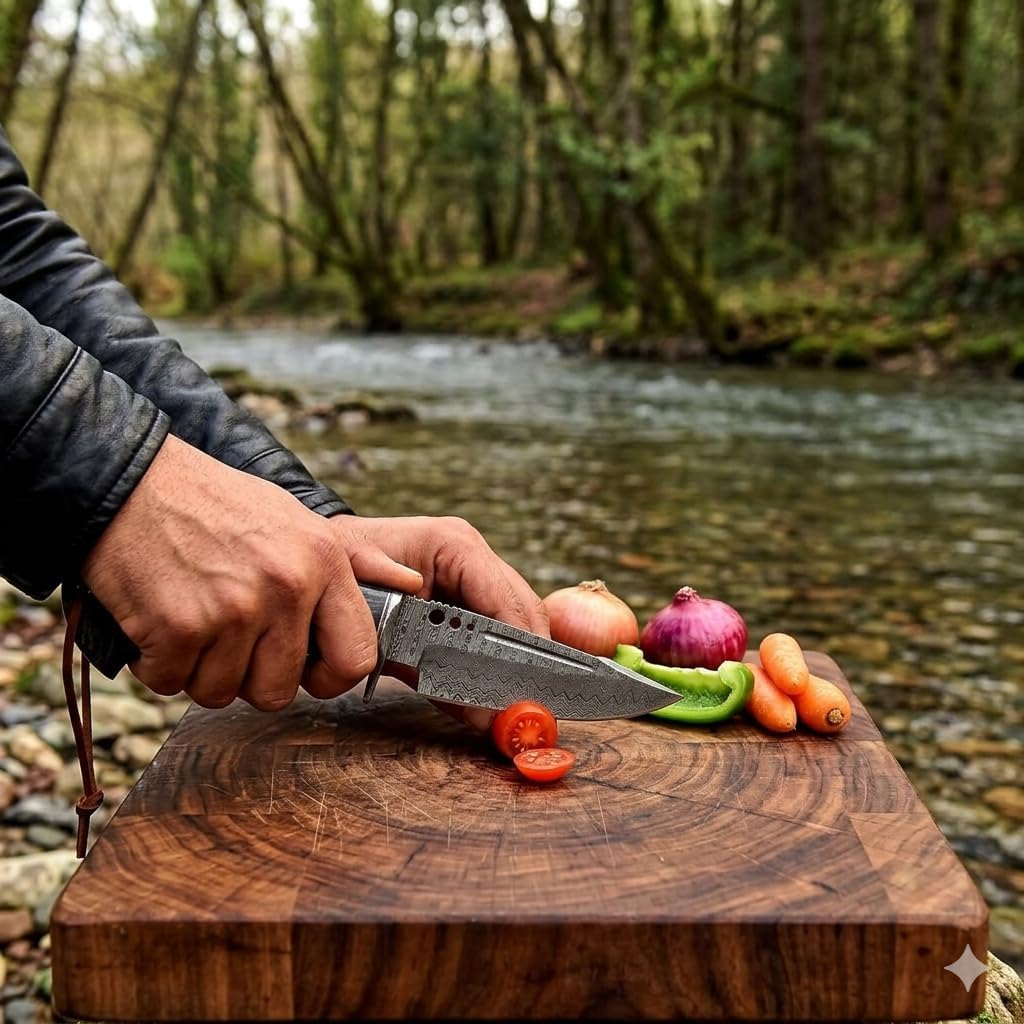 Hunting Knife 10 Inches - Handmade Damascus Steel Fixed Blade Knives - Micarta Wood Handle & Leather Sheath - Bushcraft Outdoor, Skinning & Survival Knife