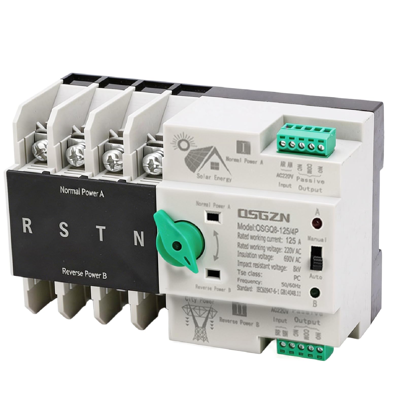 Dual Power Automatischer Transferschalter, Notstrom Umschalter Ununterbrochener AC 400V 4P 63A ATS PC Hutschiene Transfer Schalter Kommunaler Netzumschalter