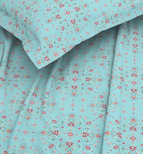 Image of Welspun ENZO Queen Size Fitted Bedsheet with 2 Pillow Covers | 360 Elastic | 100% Pure Cotton | 60 x 78 Inches | Soft, Breathable, Lightweight & Easy Care | Light Blue