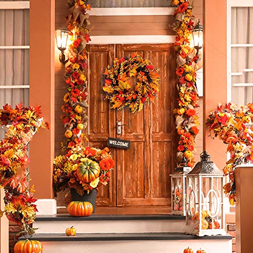 Hoomall 17'' Fall Wreath For Front Door, Fall Berry Maple Wreath, Flower Thanksgiving Wreath For Front Door, Hanging Home Party Wreath Decoration Halloween Thanksgiving Decor Wreath Inside Outside #TOP1
