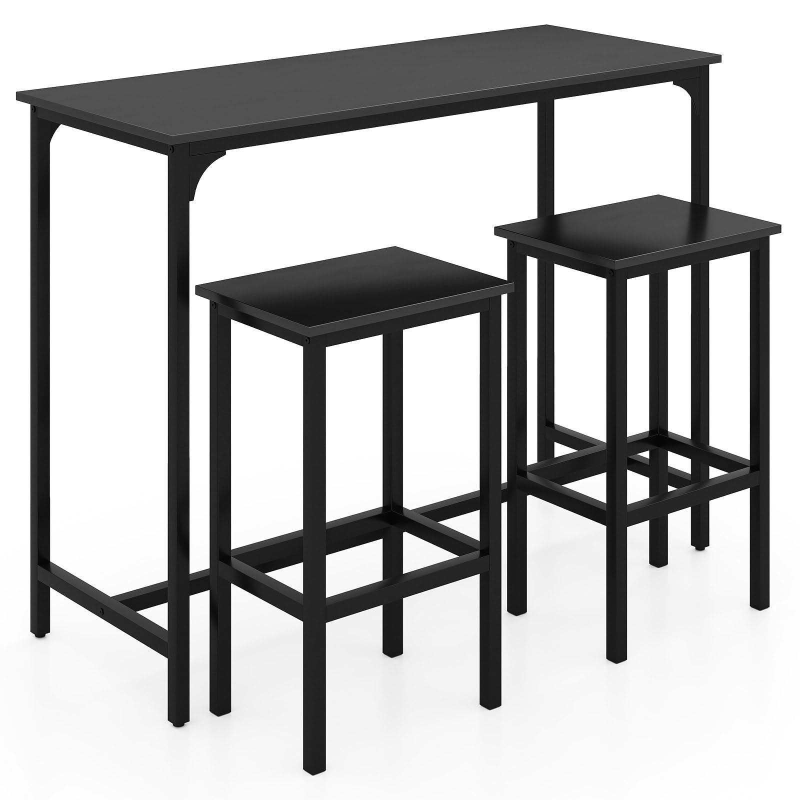TANGZON Bar Table Set with 2 Stools, 3PCS Breakfast Bar Set with Metal Legs & Footrests, Industrial Counter Dining Table and Stools for Home Kitchen Pub Cafe Restaurant (Black)