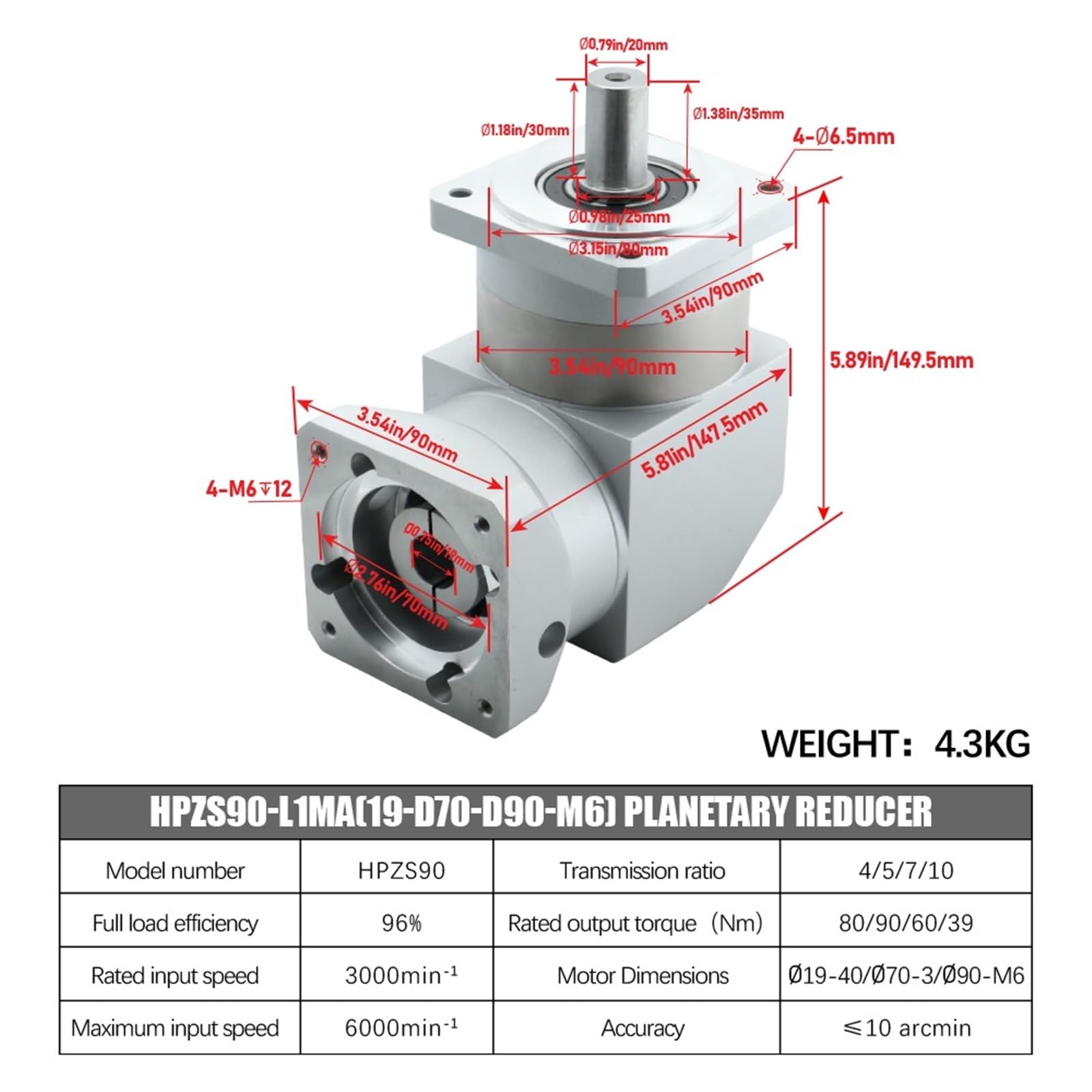 Riduttore epicicloidale ad angolo retto HPZS90 da 90 gradi con motore passo-passo NemaStepper 14 a 19 mm, servo 80ST(50 TO 1-14 INPUT FOR NEMA34)