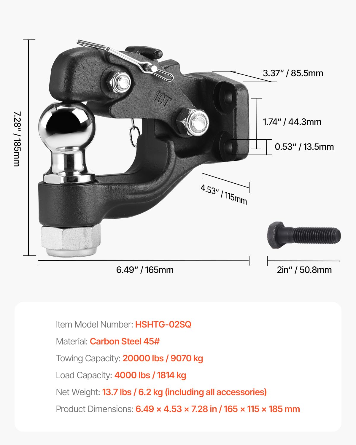 VEVOR Anhängerkupplung 9T Anhängelast, Anhängerkupplungs-Empfängerhaken-Kombination, 50,8mm Anhängerkupplungskugel, passend für 63,5-76,2mm Lünettenringe mit Montagesatz, Schwarze Pulverbeschichtung
