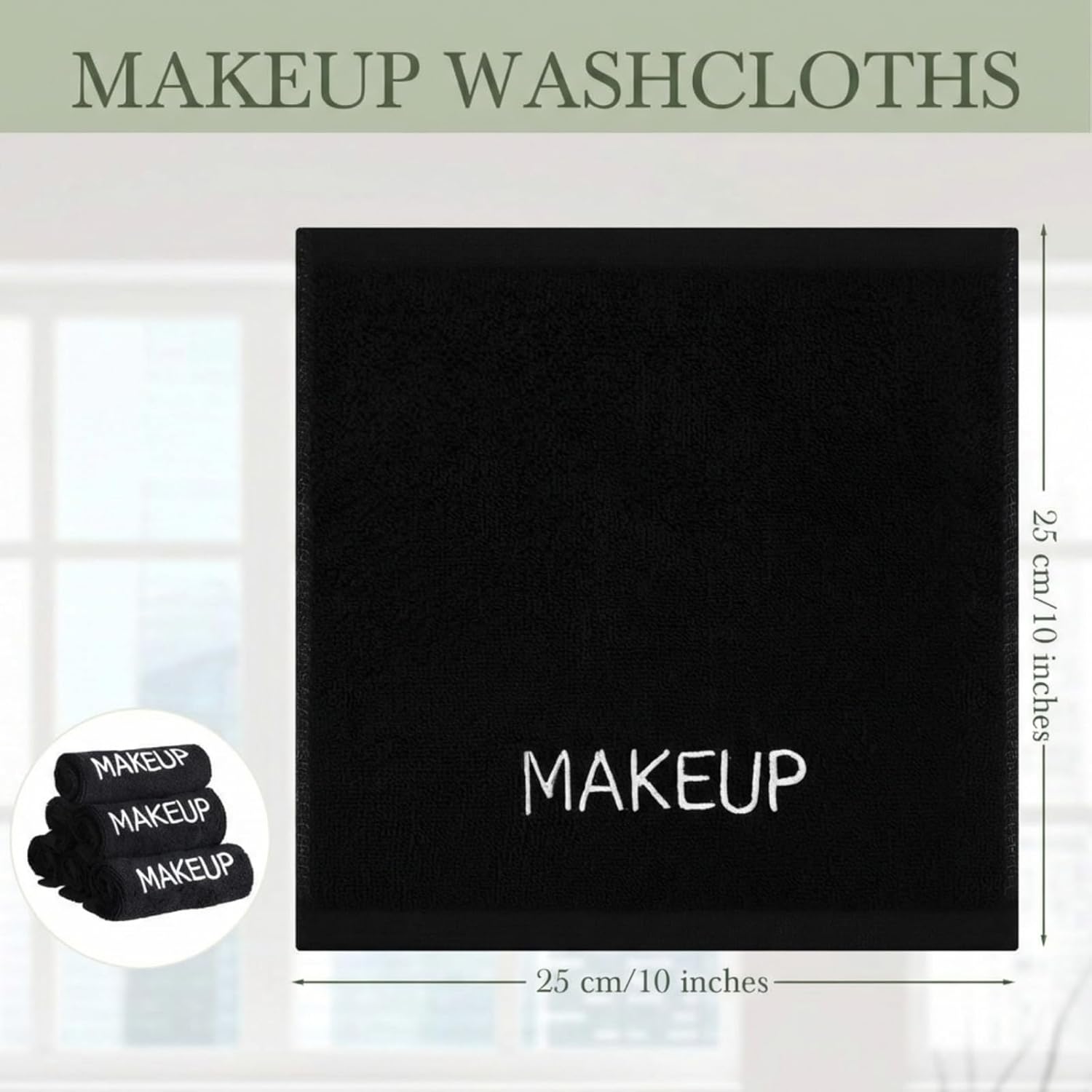 Riakrum 100 Pcs Makeup Washcloths Cotton Makeup Remover Towels Cosmetic Face Towel Absorbent Soft Facial Towels for Women Girls Face Cleansing Skin Care Gifts, 9.8 x 9.8 Inch (Black)