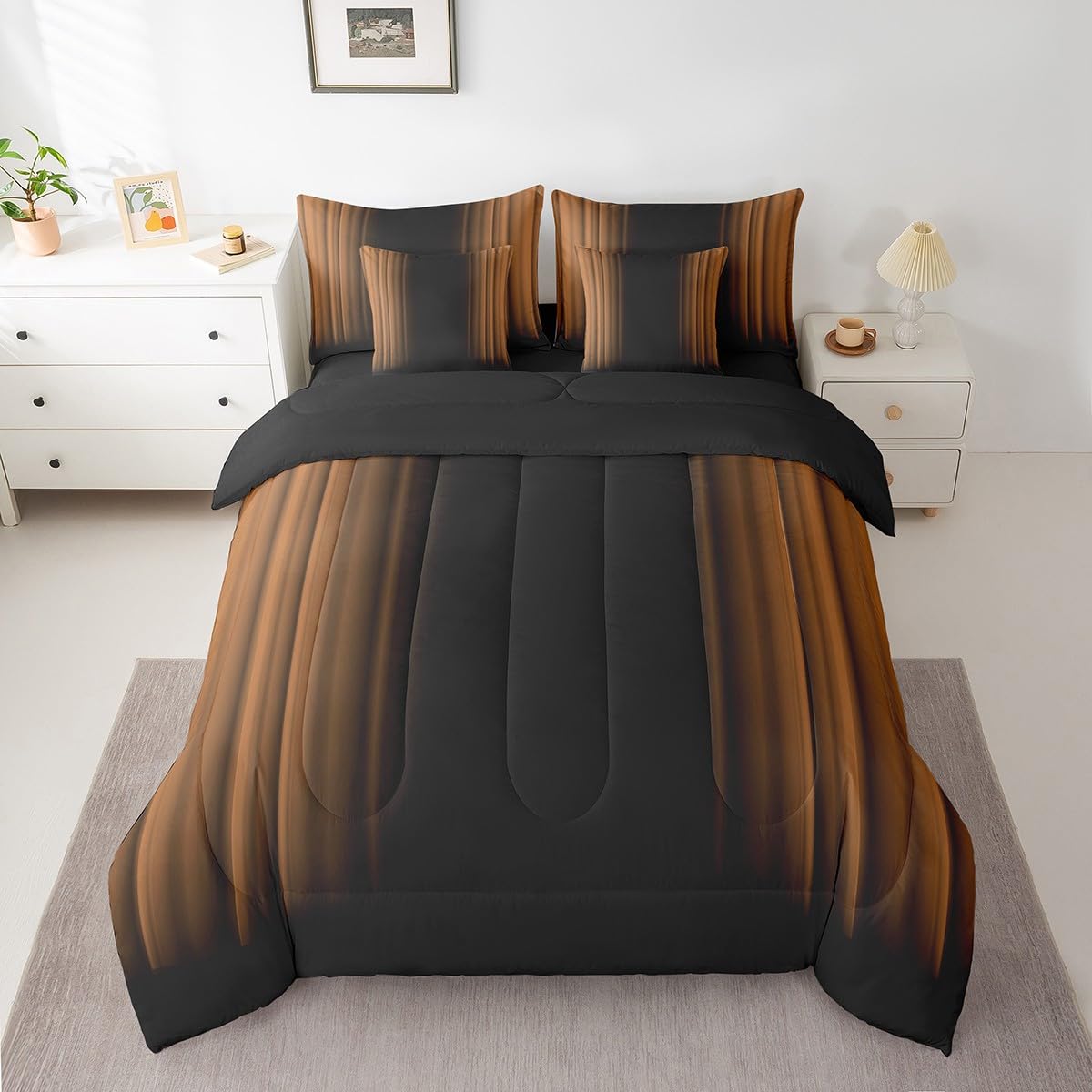 Feelyou Abstract Ombre Comforter Set with Sheets Kids Teens Brown Black 7 Piece Bedding Set Room Decor Full Size,Reversible Black