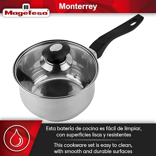 Miniatura 5 de MAGEFESA Monterrey - Juego de utensilios de cocina de 12 piezas, ollas y sartenes de acero inoxidable de alta calidad con asas de baquelita