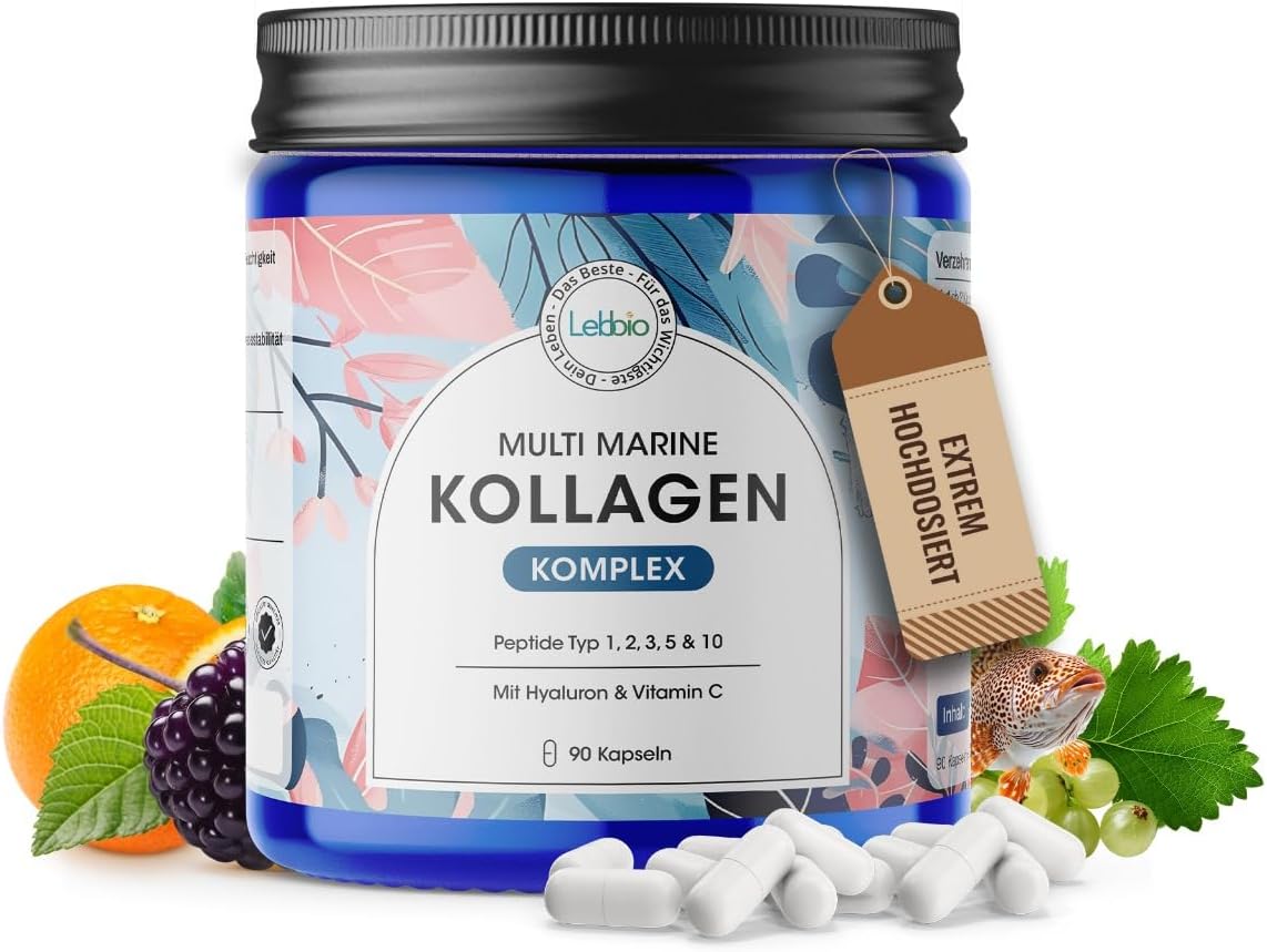 Multi Marine [Extreem hoge dosis] met hyaluronzuur, vitamine C en 1600 mg collageen hydrolysaat – premium marine-collageen voor huid, haar en nagels – hoogwaardige collageen capsules, 90