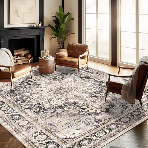 Washable Area Rug 8'x10' Black-Purple Khaki Retro Boho Design Non-Shedding Non-Slip Easy Care Ideal for High Traffic Areas in Living Room Bedroom Office Coffee Table Kitchen Large Carpet