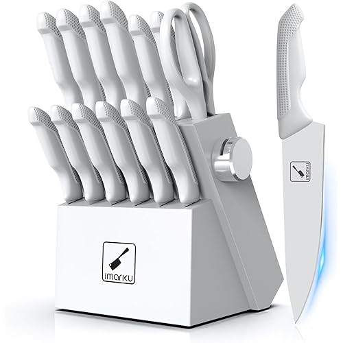 imarku Knife Set with Block, Sharp Knife Set with Built-in Sharpener, Stainless Steel Kitchen Knife Set with Non-Slip Ergonomic Handle, Dishwasher Safe, 14 PCS Professional Knife Set for Gift, White