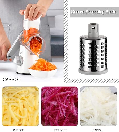 Miniatura 3 de Ourokhome Rallador rotativo de queso con 3 cuchillas de tambor de acero inoxidable y 12 en 1 rebanador de mandolina profesional para cocina con
