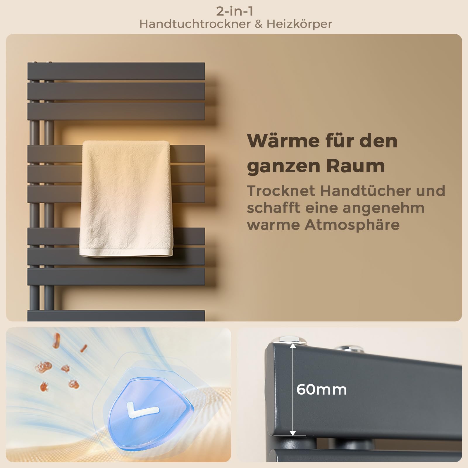 S'AFIELINA Design Badheizkörper Handtuchheizkörper Anthrazit Flach Paneel mit Mittelanschluss 1320x500mm Heizkörper für Bad 695W,Handtuchtrockner für Zentralheizung, Anthrazit (Ohne Thermostatventil)
