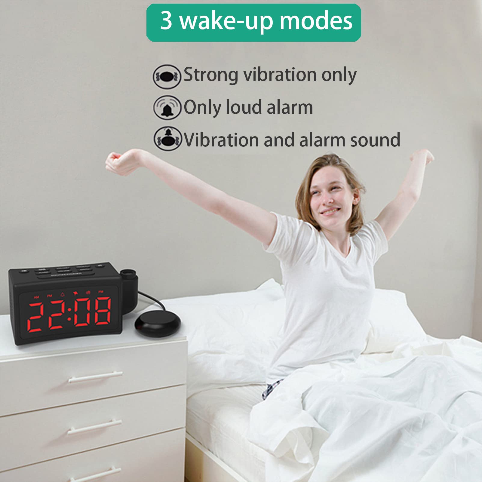 Radio-réveil à Projection FM, avec Port USB avec Double Alarmes, Interrupteur 12/24 Heures - pour Chambre à Coucher, Bureau