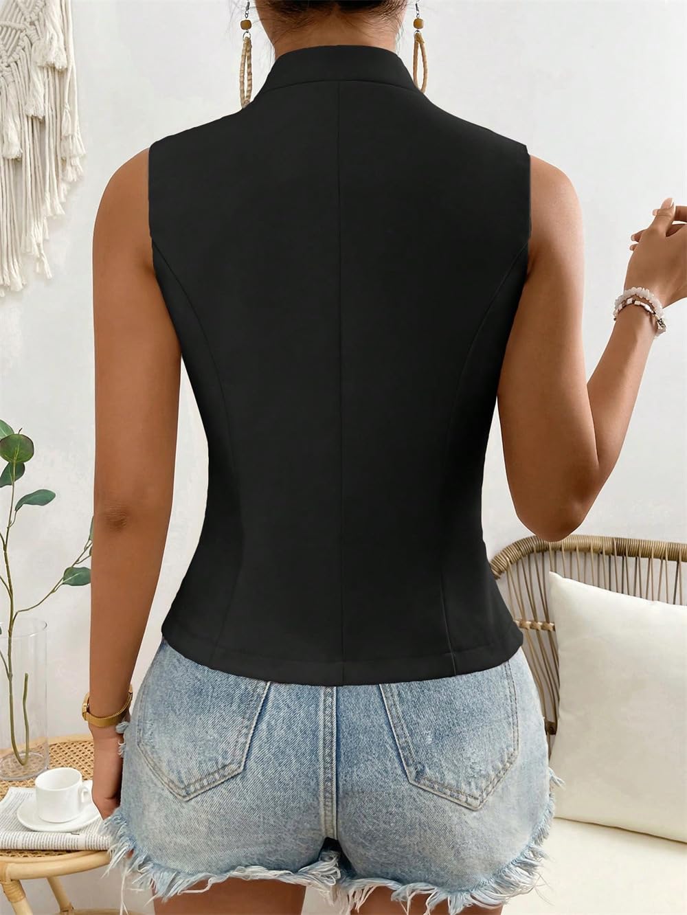 Damska kamizelka bez rękawów, czarna bez kołnierza zapinana na guziki marynarka kamizelka elegancka kamizelka letnia na co dzień slim fit praca biuro tunika kurtka topy