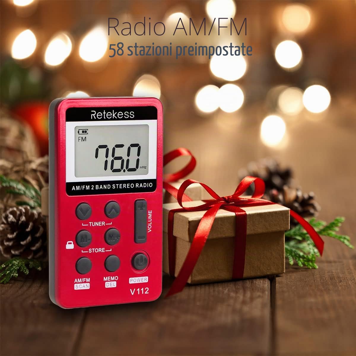 Retekess V112 Mini Radio Portatile AM FM Ricaricabile con Cuffie a Batteria Rosso