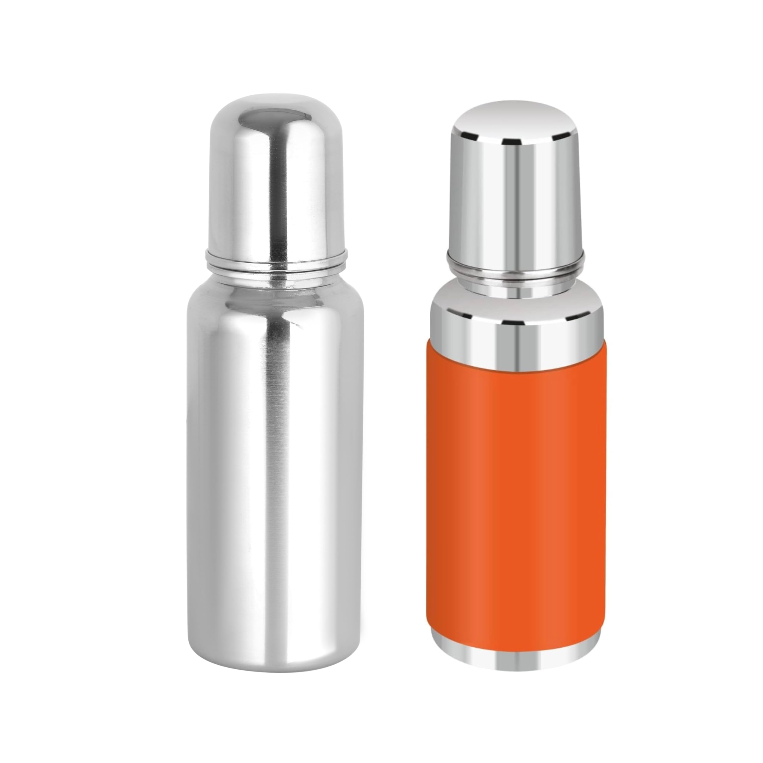 Cute Landings Premium Made of Stainless Steel 304 Grade Baby Feeding Bottle with Soft Silicone Teat/Nipple/Rust BPA & Plastic- Free Sipper/Silver Finish (240 ML, Silver+Orange Silicone(Combo))