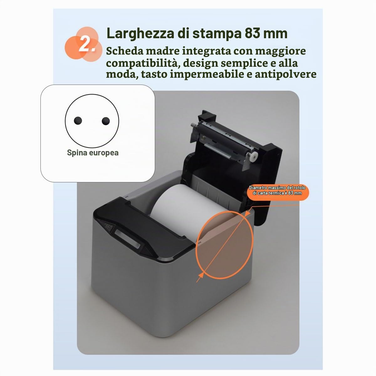 Stampante Termica per Ricevute da 80 mm Taglierina Automatica Ristorante Cucina POS USB Seriale LAN WiFi Bluetooth Carta Desktop-Spina UE Durevole