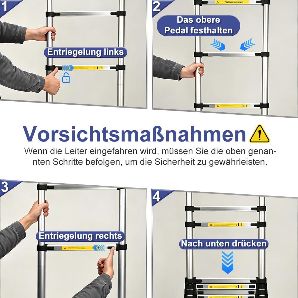 Edelstahl Teleskopleiter Einzelleiter Hochfest Verstärkt, Tragbare Ausziehbare Leiter mit Rutschfesten Füßen, Tragkraft 150 kg Für Dachboden, Wohnmobil, Heimwerkerarbeiten (2.5+2.5M)