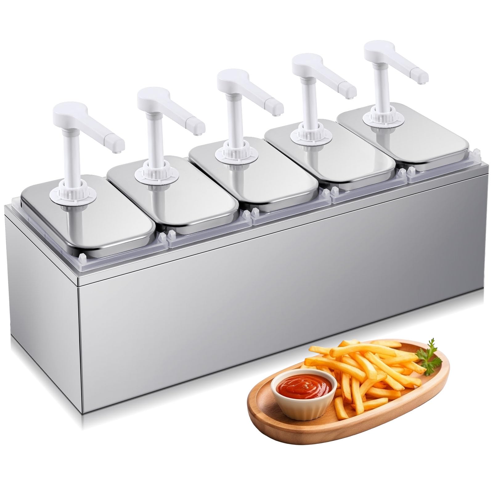 Tioncy Dispenser per salse da 10 litri con dispenser per condimenti con 5 barattoli da 2,1 litri con pompa per sciroppo, tahini, ketchup, condimenti per insalata di soia e salsa barbecue