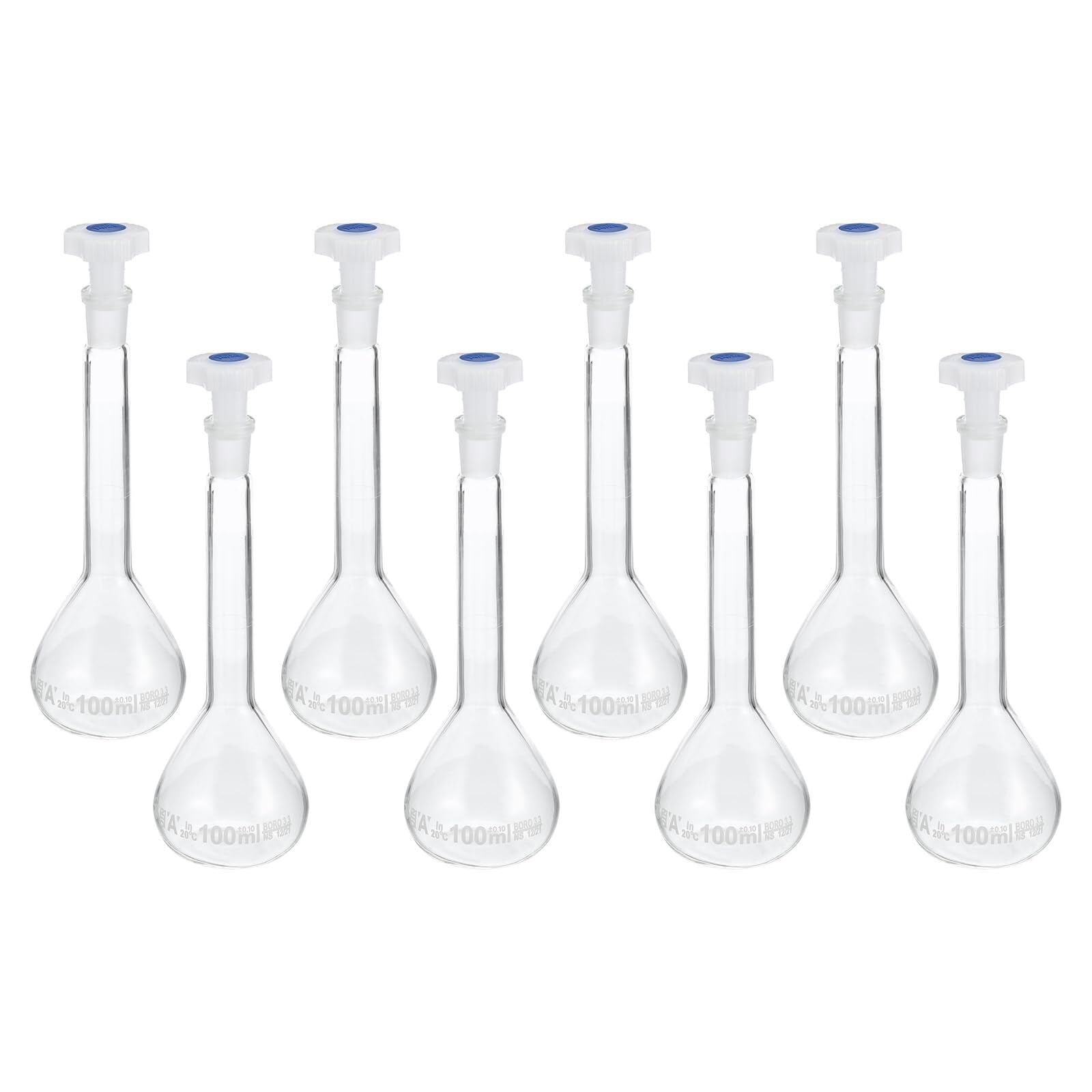 Matraz aforado 100ml, 2 Piezas de Vidrio Borosilicato con Tapón para Laboratorio, Tolerancia ±0,1ml(8,10ML)