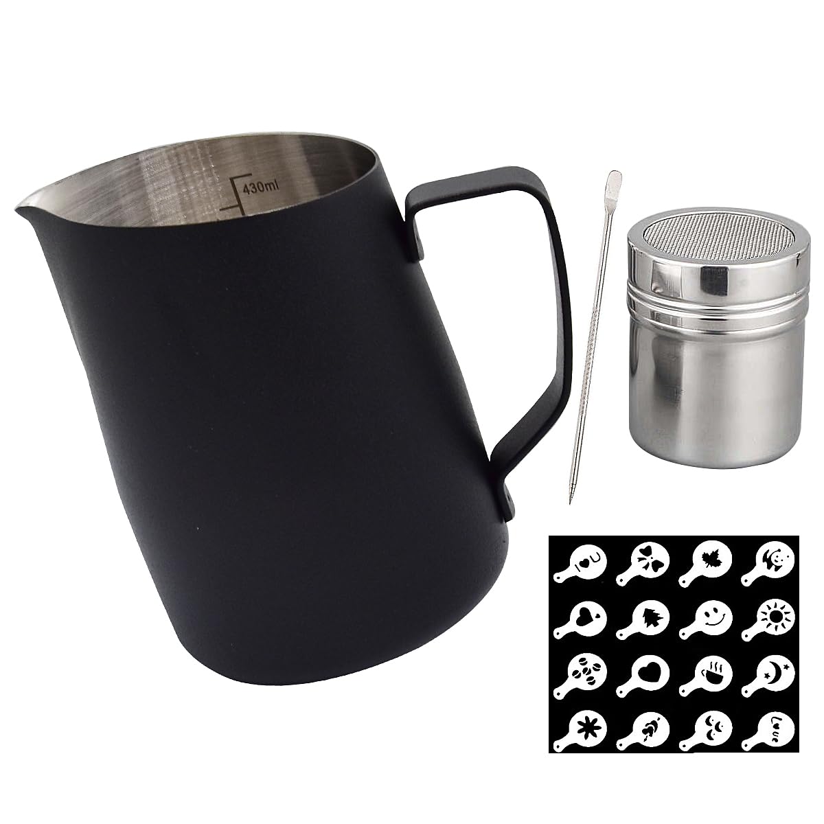 SIPLIV 14 oz(450 ml) Stainless Steel Espresso Steaming Pitchers Milk Frothing Pitcher with Latte Art Pen, Cocoa Powder Shaker, Coffee Stencils Coffee Art Tool Kit, Black