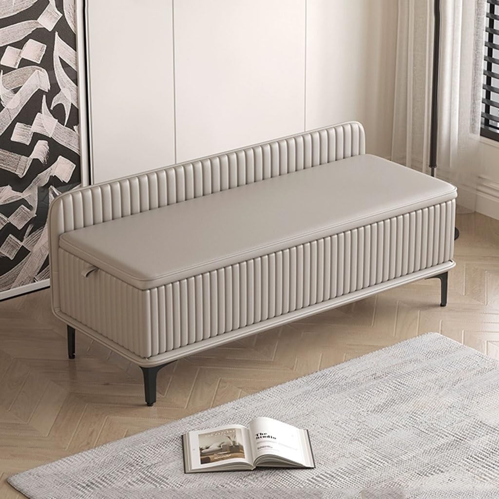 Banc de rangement gris avec dossier bas pour entrée et bout de lit chambre