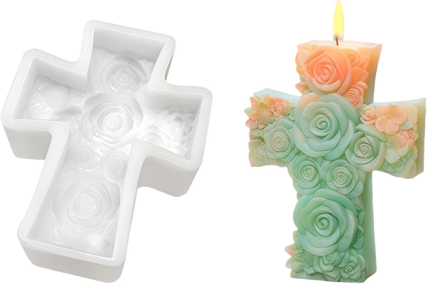 Cross Silicone Mold, Cross Floral Candle Molds for Candle Making, Epoxy Resin Rose Flower Mold for Candles, Aromatherapy, Soap, Wax, Clay, Plaster,Home Decor Crafts (B)