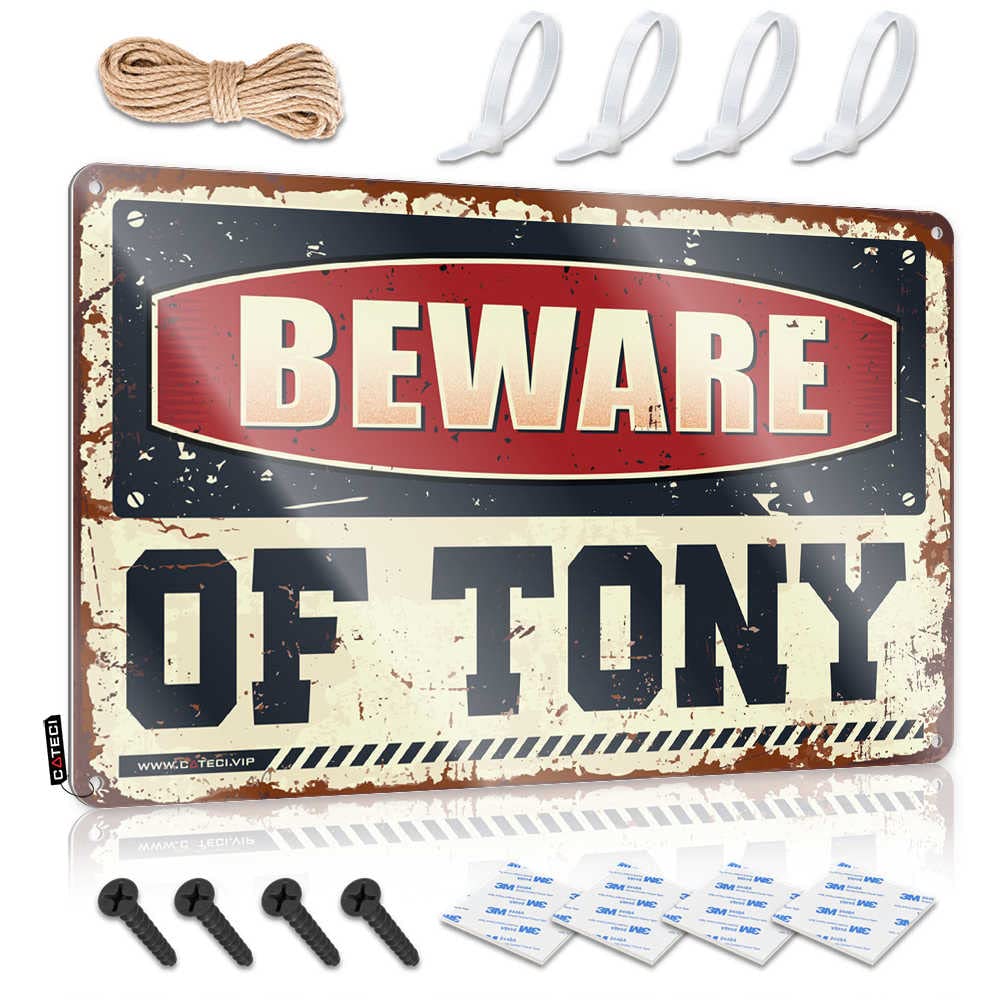 Fzfn Colour Farmhouse Signs Distressed Vintage Wall Art, Front Porch Fall Decor Outside Porch Retro Fun Tin Sign For Home Bar | 8X12 Inch Beware Of Tony Perfect For Pub Decor(30X40cm)