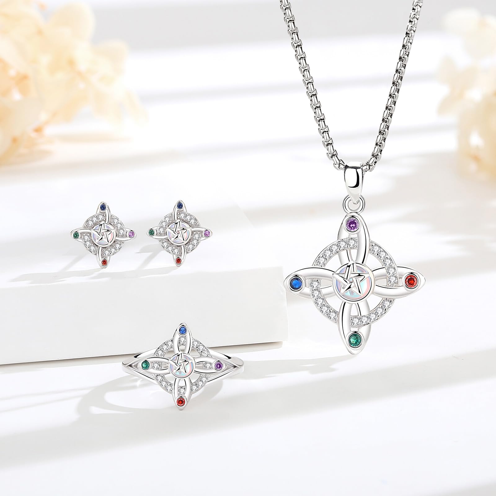 AEONSLOVE Hexenknoten Halskette Damen Silber 925 Irisch Keltischer Knoten Kette mit Mondstein Obsidian Hexenanhänger Hexen Knoten Schmuck