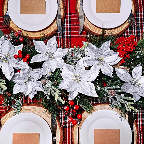 image for Winlyn 24 Set Christmas Silver Glitter Poinsettia Flower Picks Christm