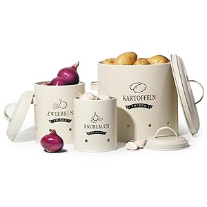 Theo&Cleo Kartoffel Vorratsdosen Set, Kartoffeltopf im Retro Design Zwiebeltopf, Großer Vorratsbehälter aus Metall, Küche Aufbewahrung, Kann Kartoffeln für eine Lange Zeit lagern (Beige)