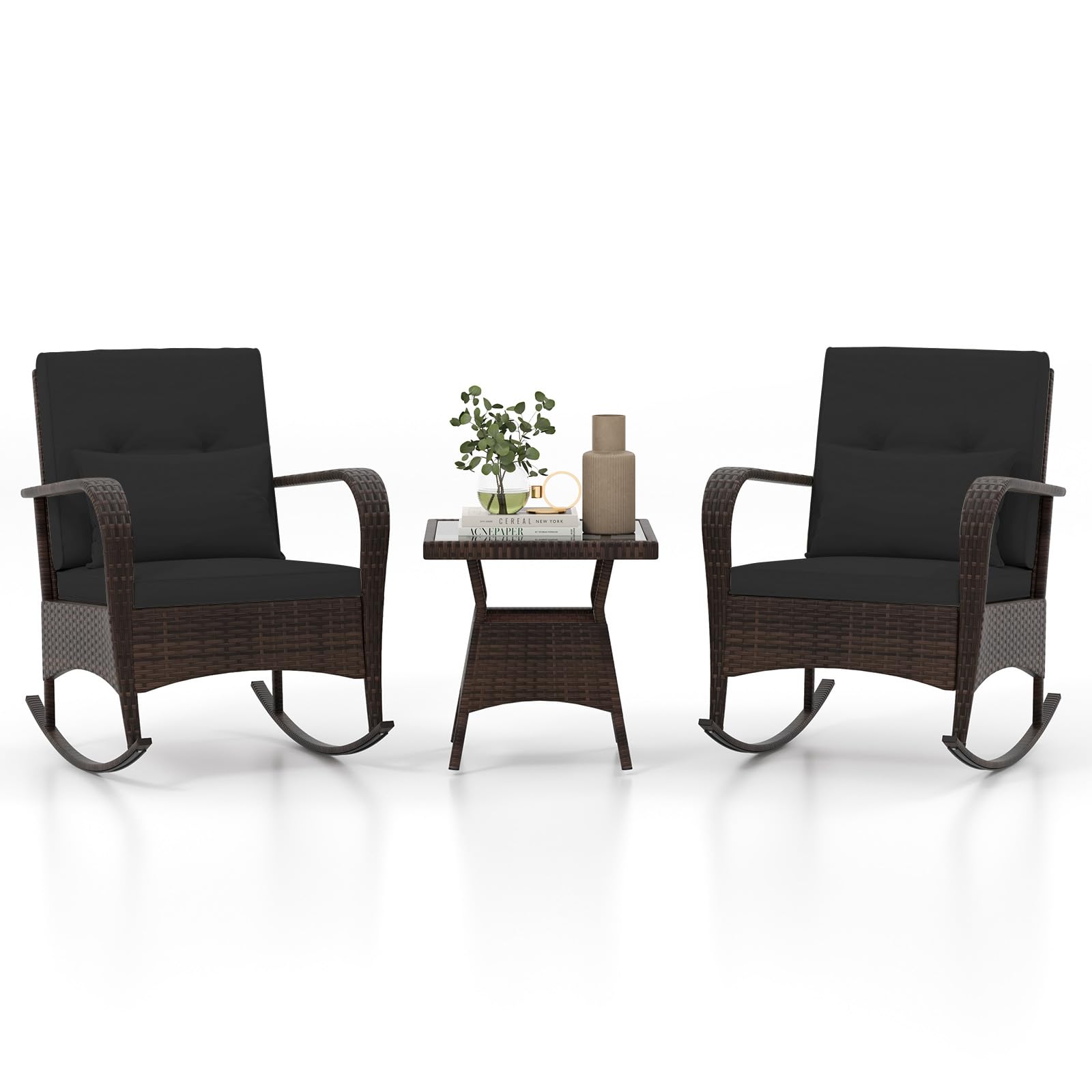 Tangkula 3 Pieces Rocking Bistro Set, Patiojoy Outdoor PE Rattan Rocker Chairs with Removable Cushions & Tempered Glass Top Coffee Table, Outdoor
