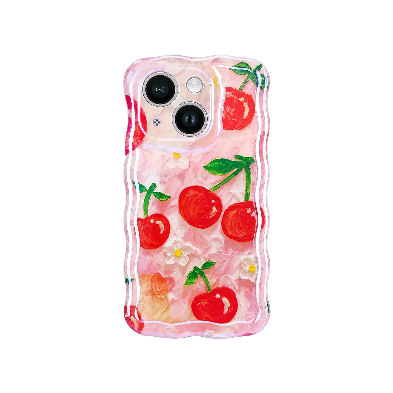 for iPhone 14 Case,Cute Summer Flower Cherry Phone Case,Kawaii Shockproof TPU Raised Edges Curly Wavy Laser Beam Glossy,Aesthetic Retro Fruit Girly