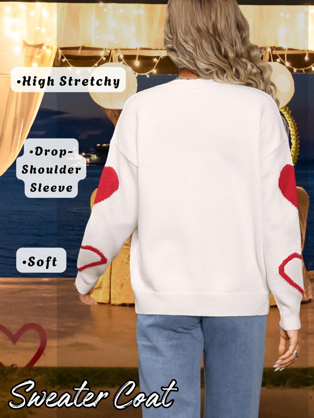 Women Cute Heart Cardigan, V Neck Open Front Button Down Valentines Sweater, Long Sleeve Drop Shoulder Soft Sweaters - Image 3