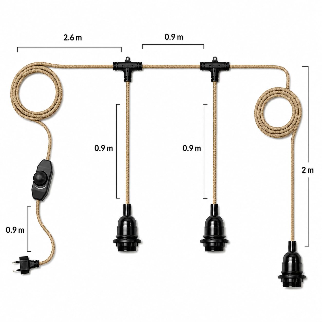 Lampenfassung E27 mit Kabel 6,5 m, dimmbar, EU-Stecker, Hanfseil, 3-fach