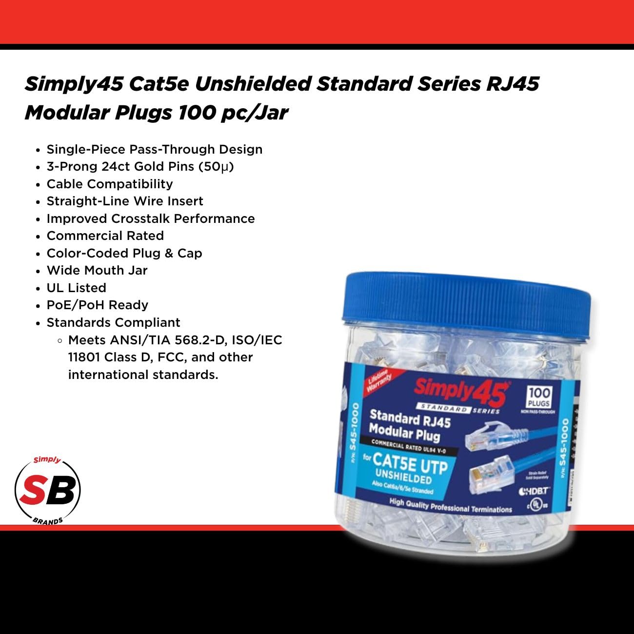Simply45 Spine modulari standard WE/SS RJ45 per connettore Cat5e 24AWG UTP solido e 28-26 AWG Cat5e/6 UTP incagliato - tinta blu, design a 3 poli - 100 pezzi - S45-1000