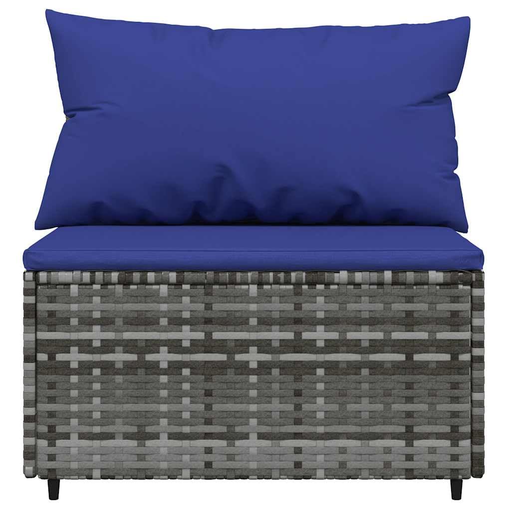 ACAGALA Set di 3 mobili da giardino in polyrattan, con cuscino, 2 parti centrali + tavolo come piano in vetro temperato, set per giardino, terrazza, grigio e blu