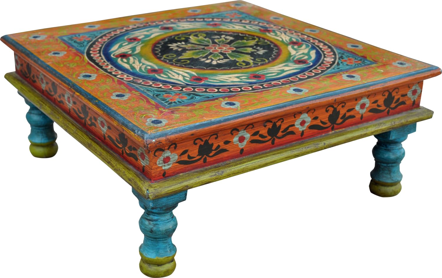 GURU SHOP Kreativer bemalter Kleiner Tisch, Minitisch, Blumenbank, Holz, Ornament blau/gelb