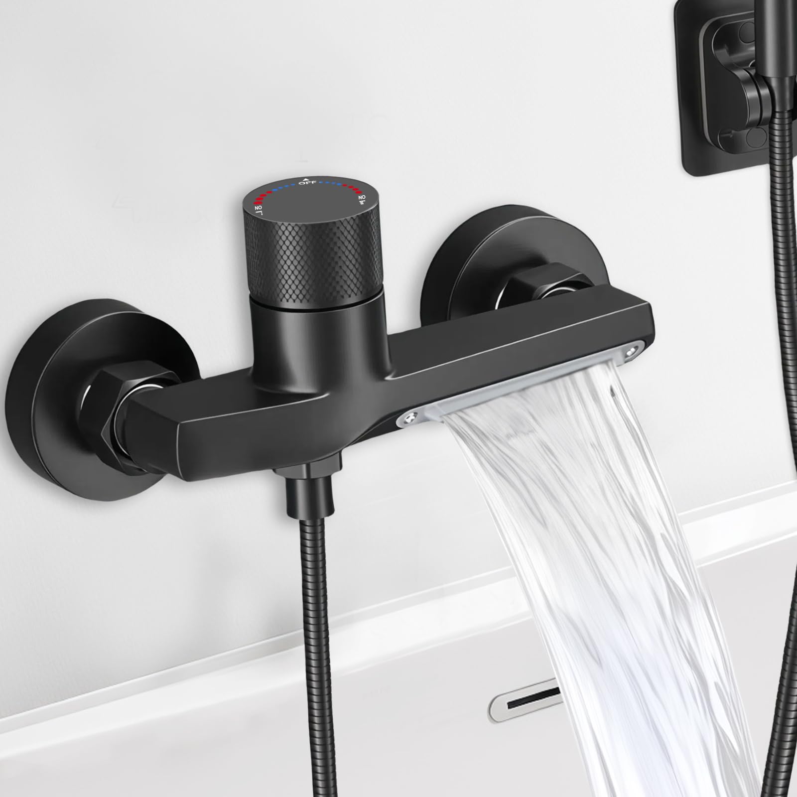 Mitigeur thermostatique douche anti brûlure noir avec robinet cascade laiton massif G1/2