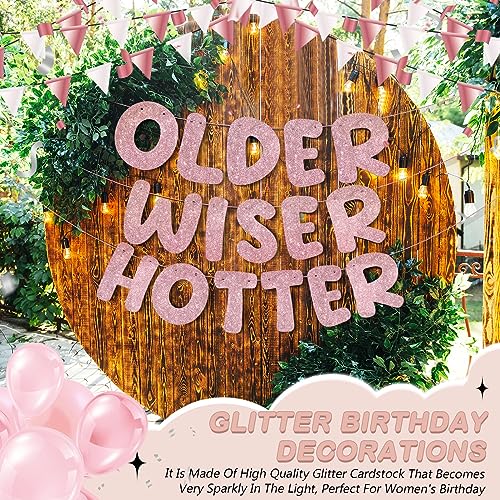 Image of Fulmoon Set of 3 Pre Strung Older Wiser Hotter Glitter Banner Funny Birthday Banner for Women 30th 40th 50th 60th 70th 80th Birthday Party Decorations Sign Gift(Rose Gold)