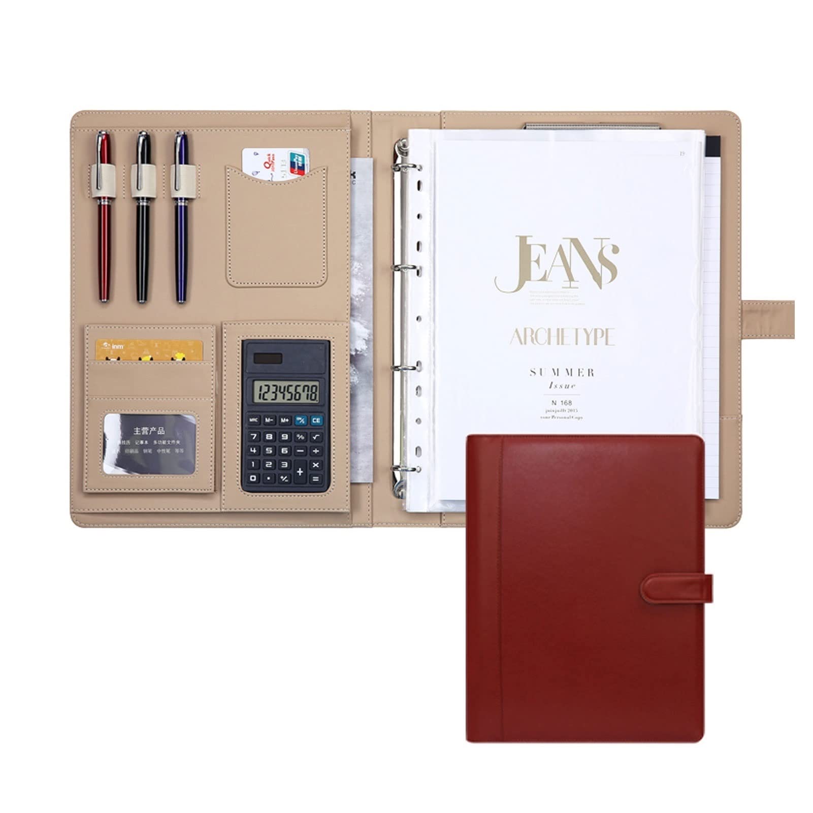 Teczka konferencyjna A4 z notatnikiem formatu A4 (papier notatnika w zestawie), etui na karty, kieszenie na konferencję biurową szkoły biznesowej (Color : Red, Size : 8-digit calculator)
